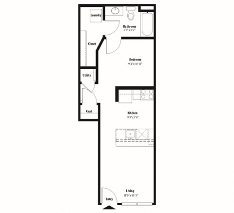 Floor plan for 1 bed, 1 bath, 525 sqft